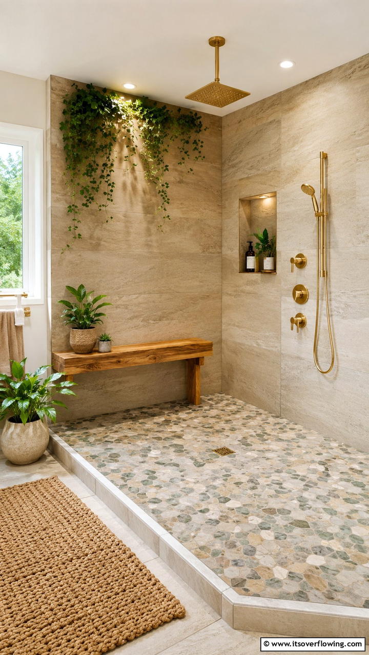 Natural Elements Walk In Shower with Wooden Bench - 21 Walk-In Shower Ideas With Bench for Spa-Like Comfort