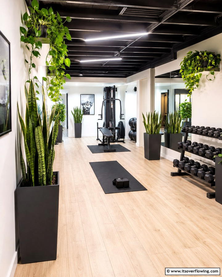 Natural Elements with Plants - 25 Basement Gym Ideas for Your Home Workout Space