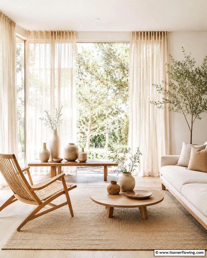 Natural Fiber Curtains - 25 Japandi Living Room Ideas for Minimalist Elegance