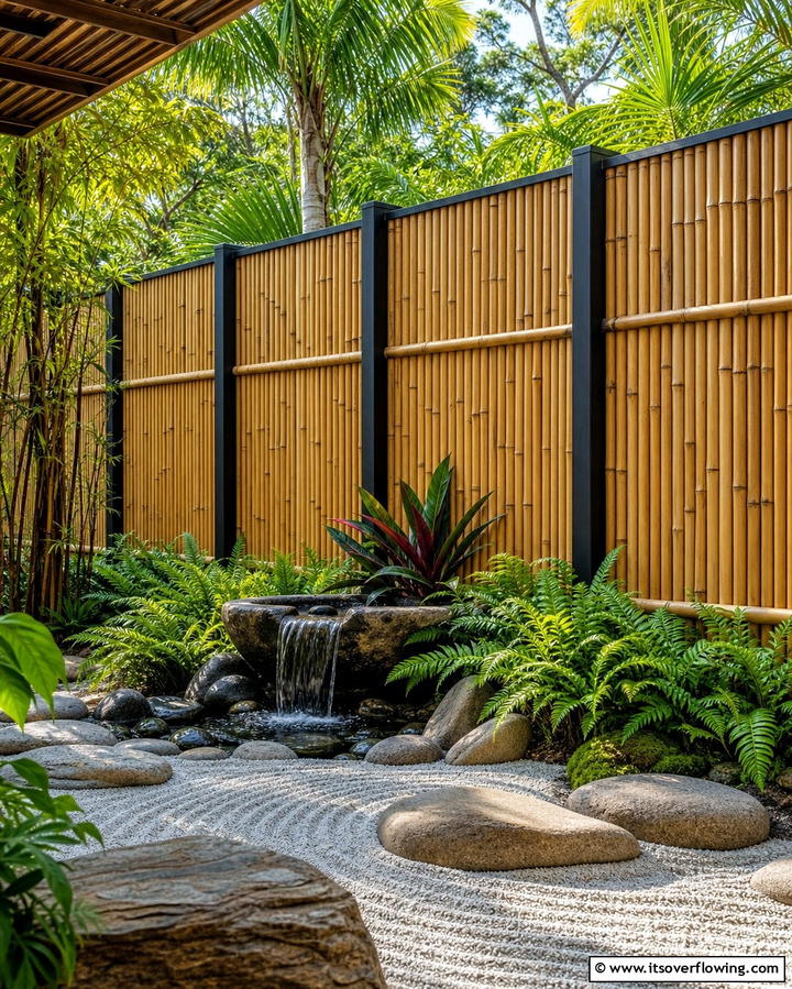 Natural Harmony with Bamboo Panels and Metal Supports - 25 Metal and Wood Fence Ideas for Durable Boundaries