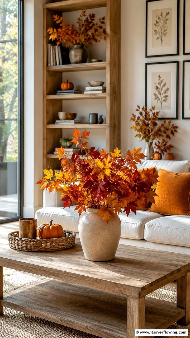 Natural Leaf Arrangements - 30 Cozy Fall Living Room Ideas to Embrace Autumn Vibes