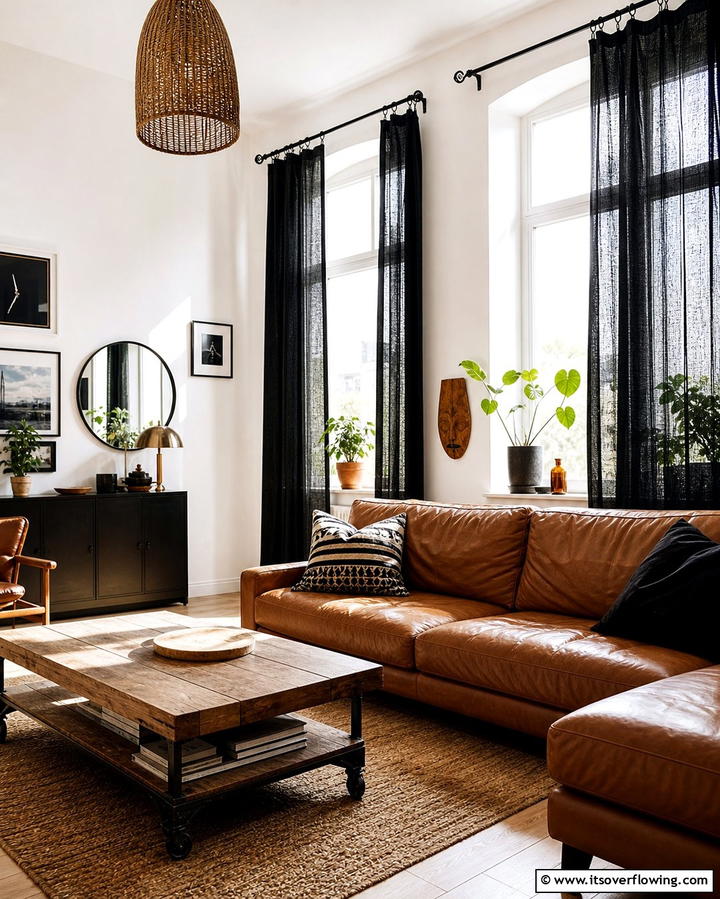 Natural Light with Black Curtains - 25 Chic Black and Brown Living Room Ideas for Modern Homes