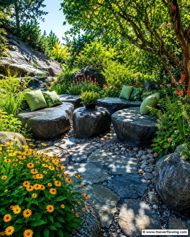 Natural Outdoor Seating with Rocks - 30 Natural Black River Rock Landscaping Ideas for Texture