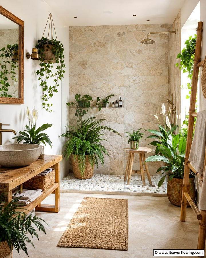 Natural Plants for Freshness and Tranquility - 25 Rustic Walk-in Shower Ideas for a Spa-Like Bathroom