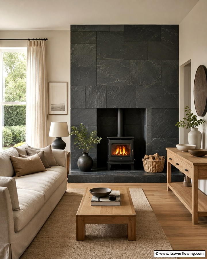 Natural Slate Elegance - 30 Cozy Wood Stove Surround Design Inspirations