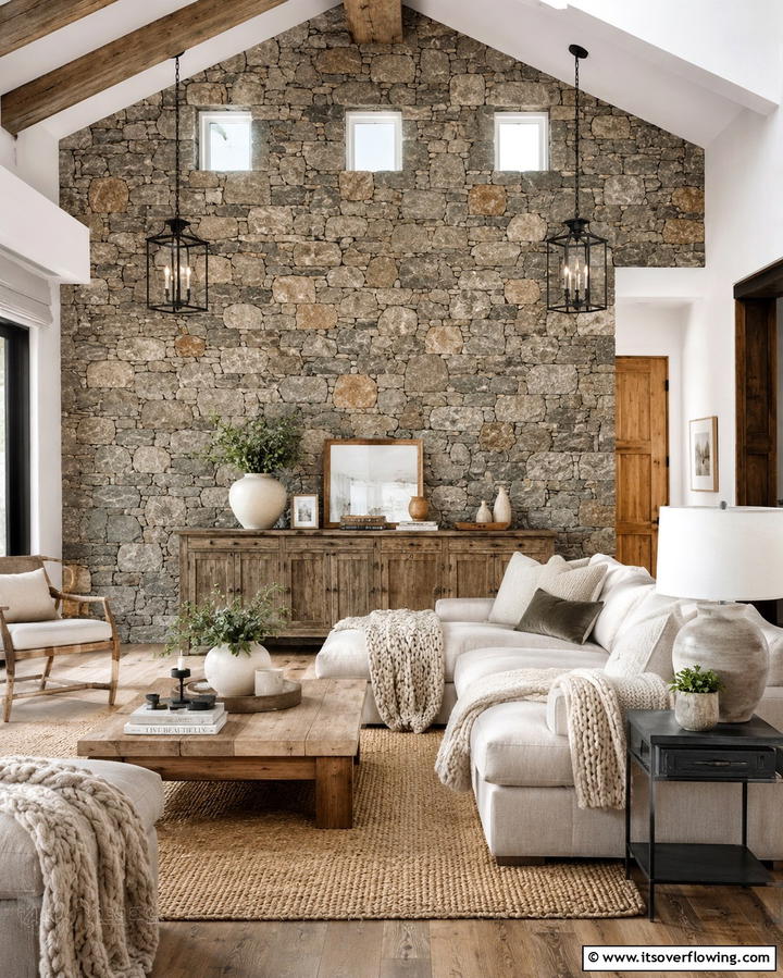 Natural Stone Accent Wall - 30 Small Rustic Living Room Ideas for Cozy Charm