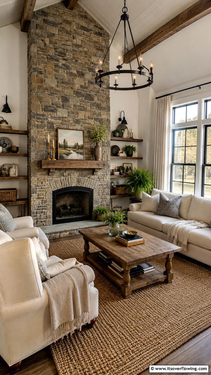 Natural Stone Accents - 30 Cottage Living Room Ideas for Cozy Home Spaces