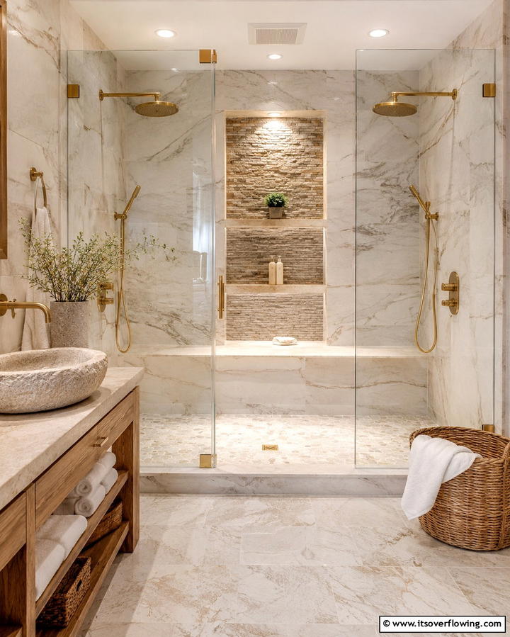 Natural Stone Accents - 25 Double Shower Ideas for a Luxurious Bathroom