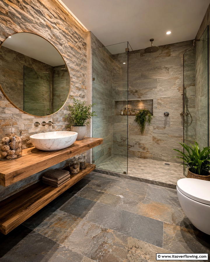 Natural Stone Accents - 25 Aesthetic Bathroom Ideas for a Spa-Like Retreat