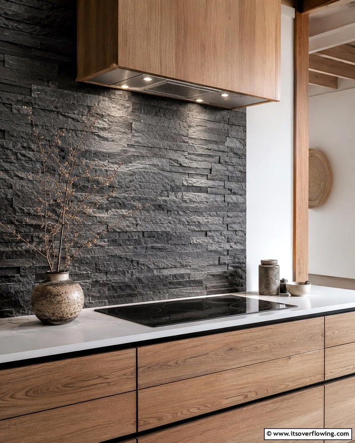 Natural Stone Backsplash - 25 Japanese Style Kitchen Ideas for a Zen Atmosphere