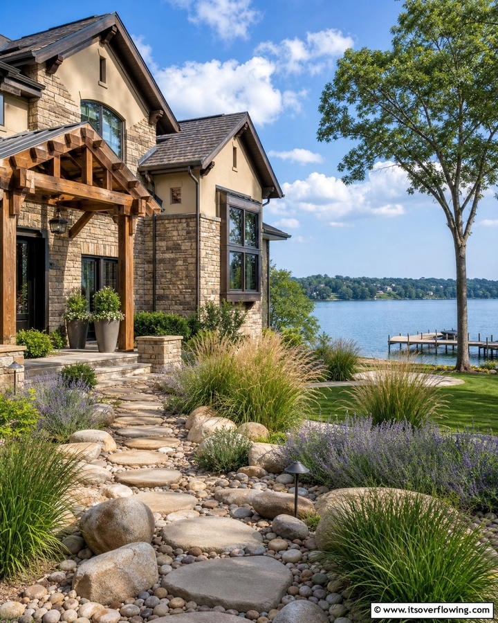 Natural Stone Beige Blend - 30 Lake House Exterior Color Ideas Inspired by Nature