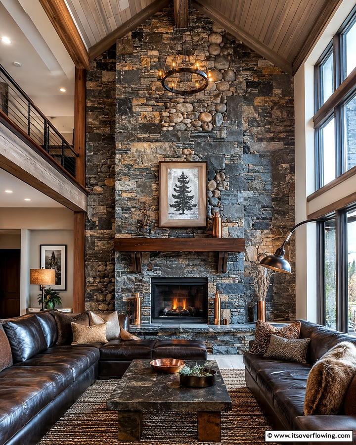 Natural Stone Blends - 25 Two-story Fireplace Ideas for Cozy Ambiance