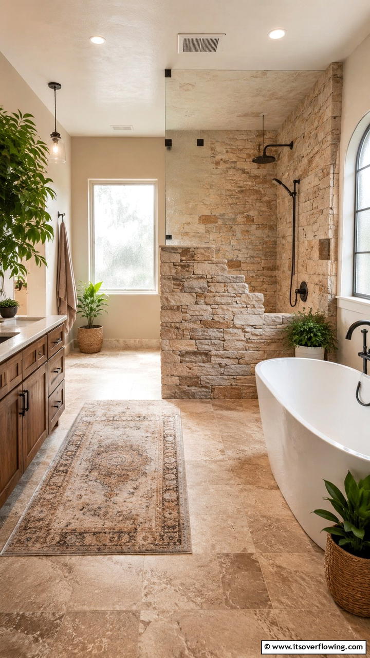 Natural Stone Feature - 30 Half-Wall Shower Ideas- Sleek Bathroom Design Solutions