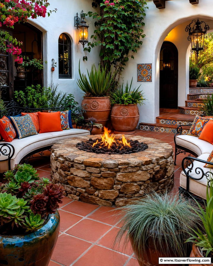Natural Stone Fire Pit - 30 Spanish Style Front Porch Ideas for Mediterranean Charm