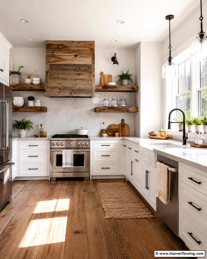 Natural Stone Flooring - 30 Rustic White Kitchen Ideas for Timeless Farmhouse Style