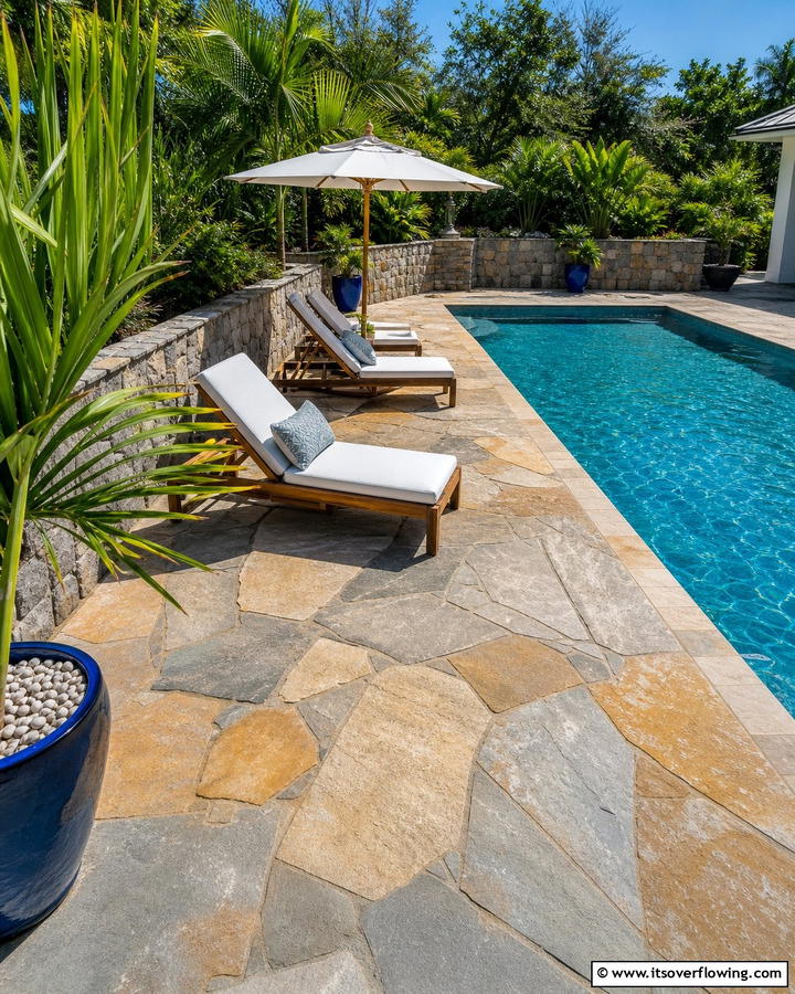 Natural Stone Oasis Pool Deck - 21 Pool Deck Layouts for Safe & Stylish Swimming Areas