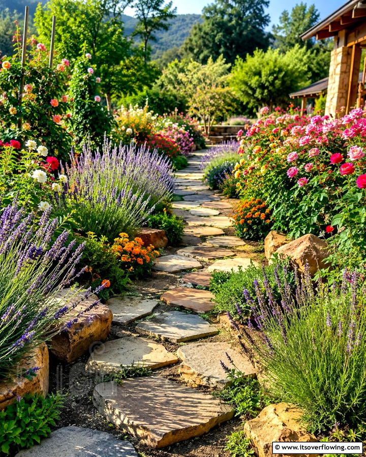 Natural Stone Path with Flower Borders - 20 Stone Walkway Ideas to Enhance Your Garden