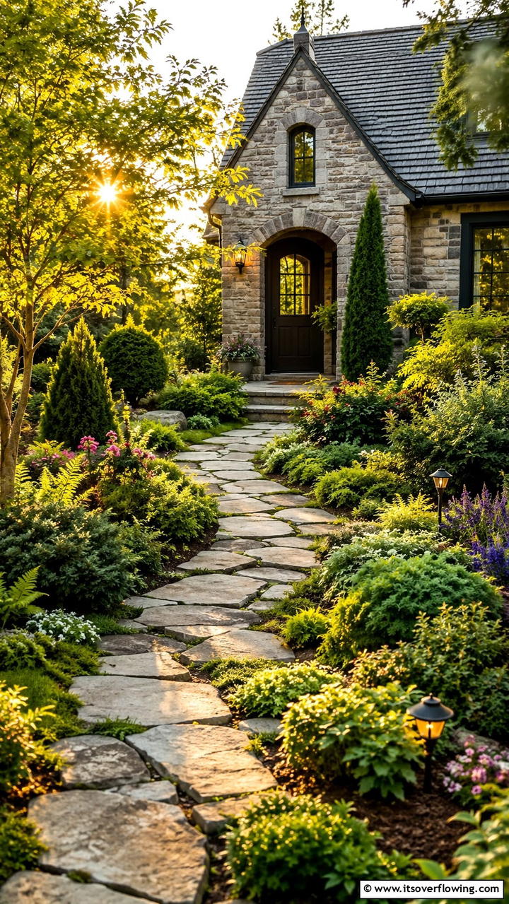 Natural Stone Pathway and Evergreens - 30 Front Yard Evergreen Landscaping Ideas for Year-Round Beauty