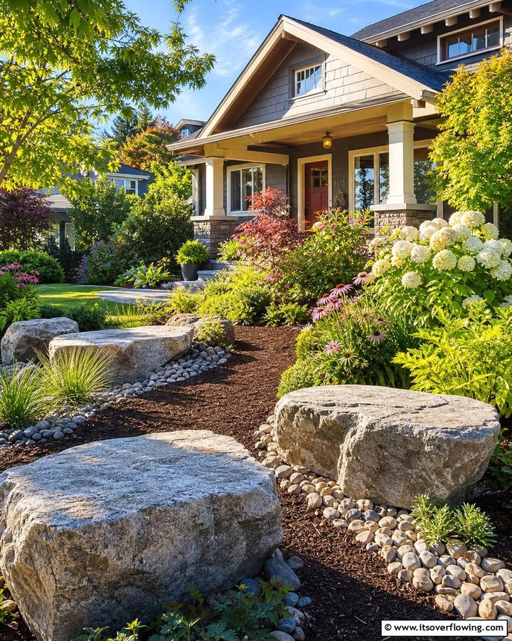 Natural Stone Seating - 21 Front Yard Landscaping Ideas With Rocks and Mulch