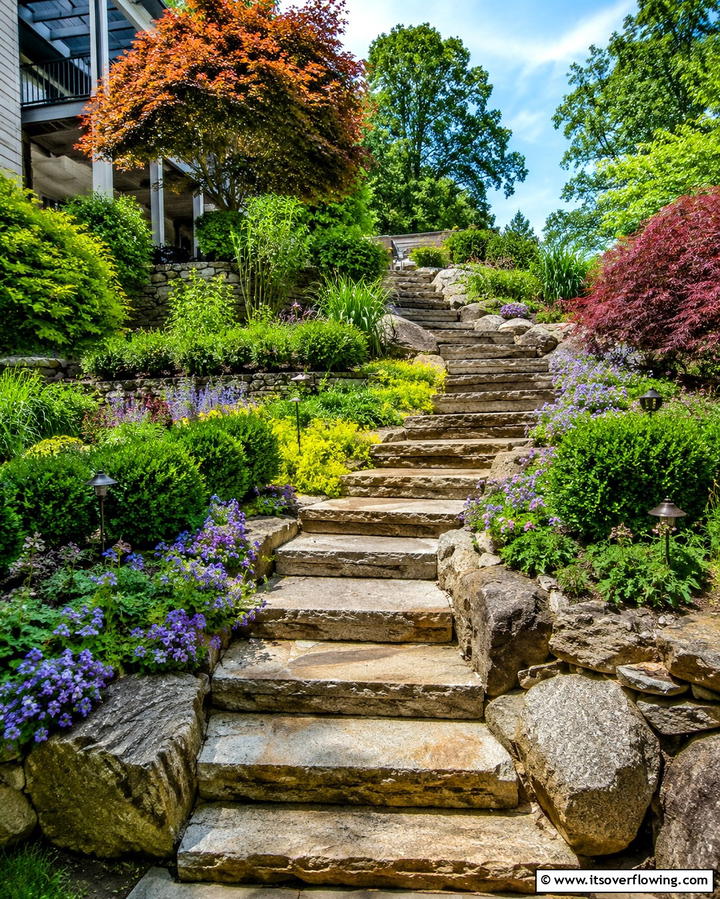 Natural Stone Staircase - 25 Down Sloped Backyard Ideas for a Unique Outdoor Space