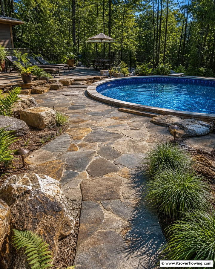 Natural Stone Textured Deck - 21 Above-Ground Pool Deck Ideas for Backyard Fun