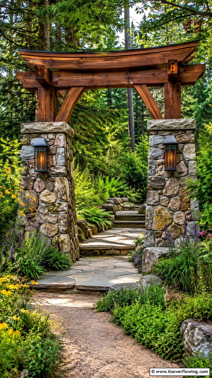 Natural Stone and Timber Arch - 30 Garden Arch Ideas for Enchanting Outdoor Spaces
