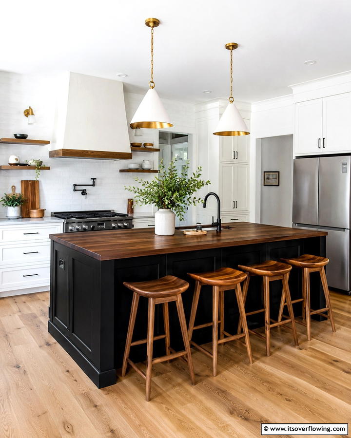 Natural Wood Accents - 20 White Kitchen Ideas With Black Island for Contrast
