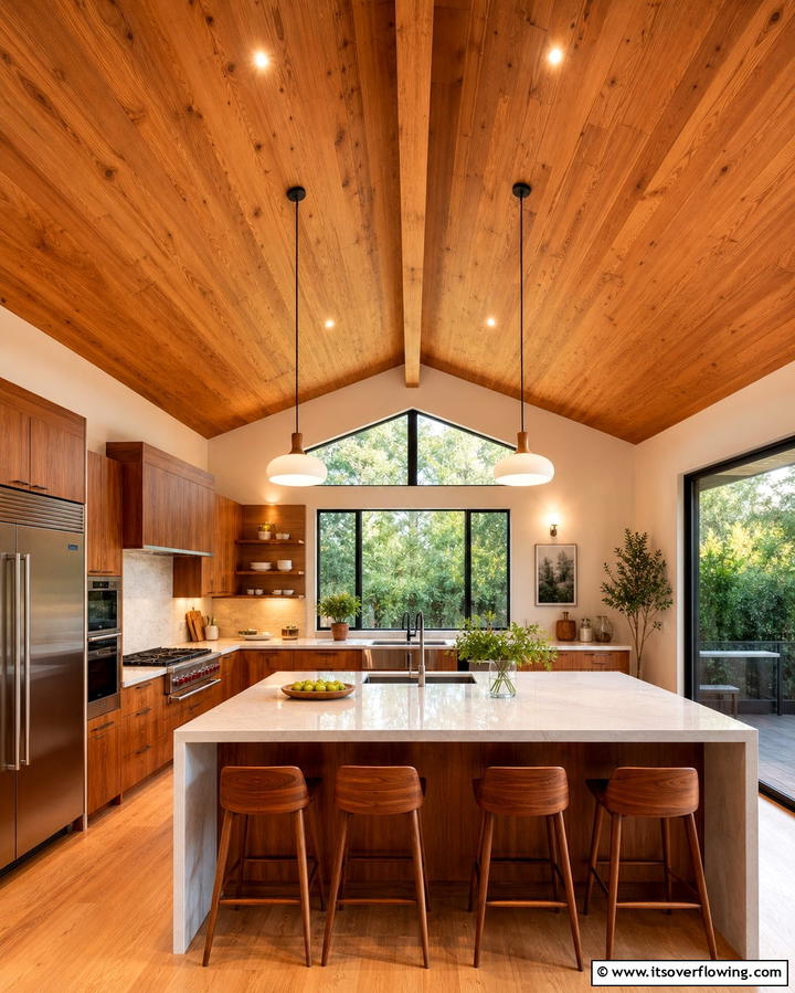 Natural Wood Ceiling Panels - 25 Vaulted Ceiling Kitchen Ideas for a Spacious Feel