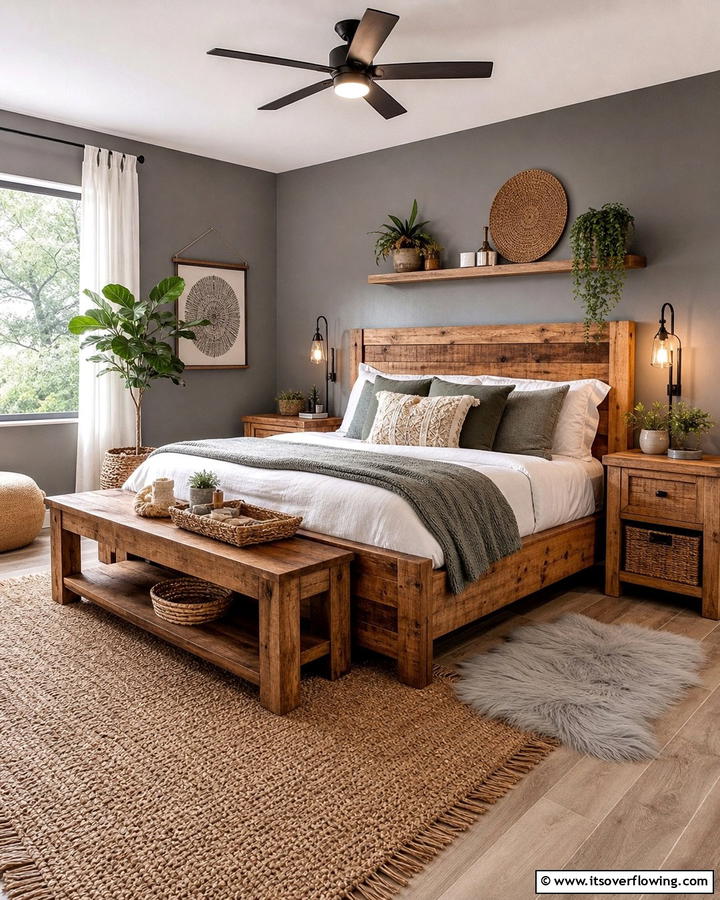 Natural Wood Furniture for Warmth - 20 Grey Boho Bedroom Ideas for a Cozy Vibe