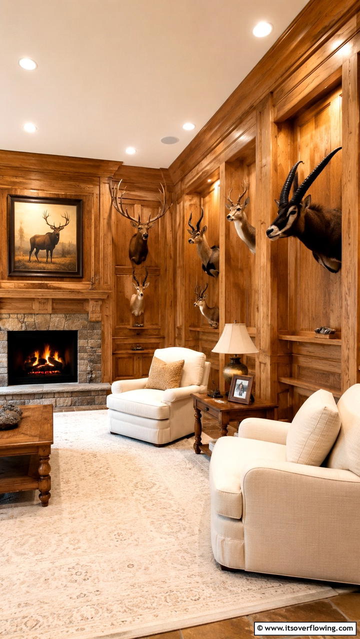 Natural Wood Paneling Display - 30 Hunting Trophy Room Ideas for Rustic Decor