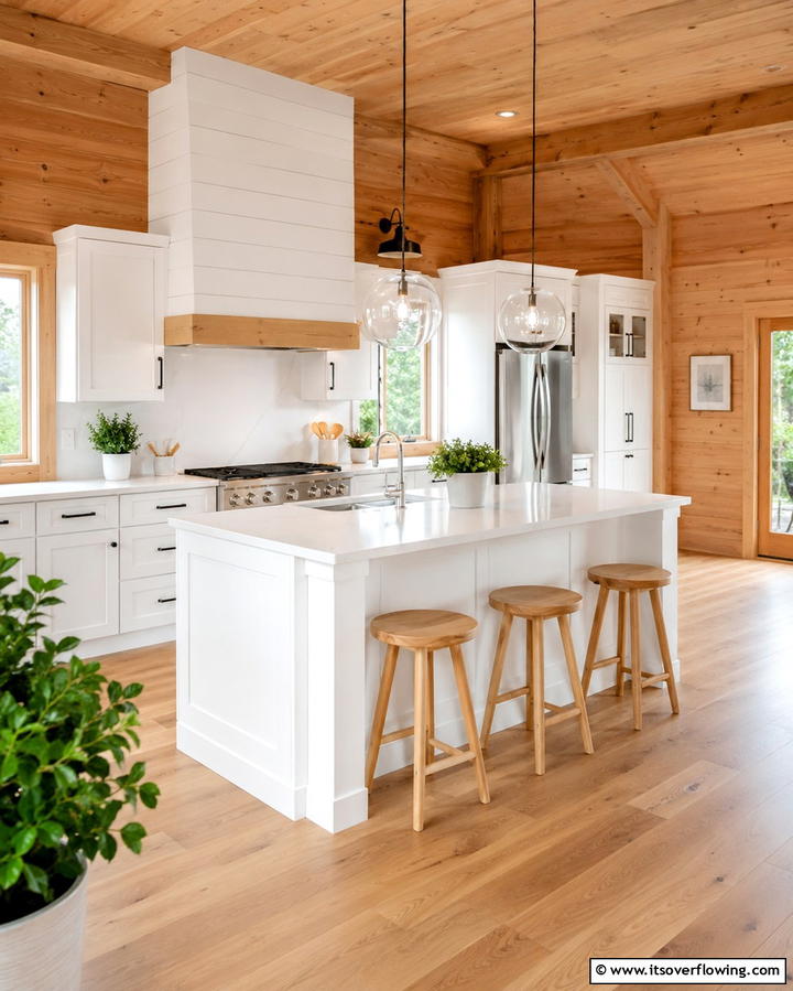 Natural Wood Shiplap with a White Island - 20 Kitchen Shiplap Ideas with Kitchen Island Designs