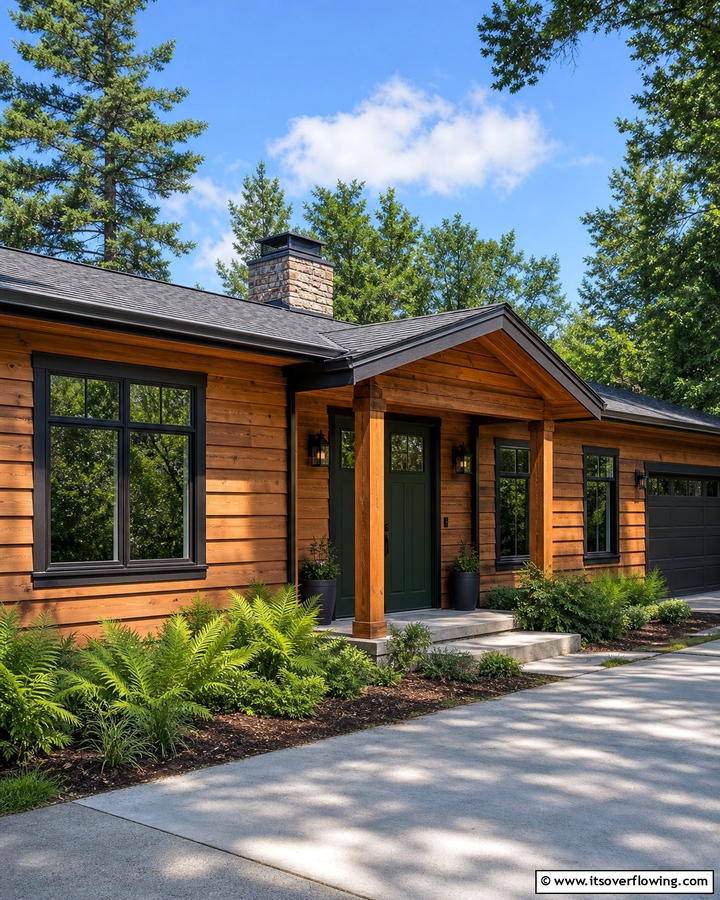 Natural Wood Siding - 21 Ranch Home Curb Appeal Inspiration Ideas