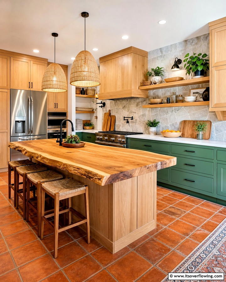 Natural Wood with Accented Green Cabinets - 21 Green Kitchen Cabinet Ideas for a Vibrant Culinary Space