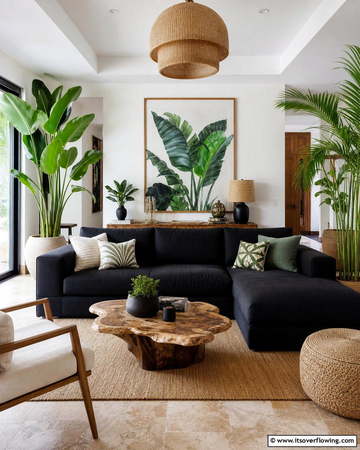 Nature Inspired - 21 Living Room Ideas With Black Couches- Modern Style