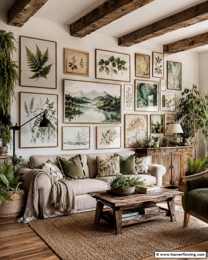Nature Inspired Artwork Display - 30 Small Rustic Living Room Ideas for Cozy Charm