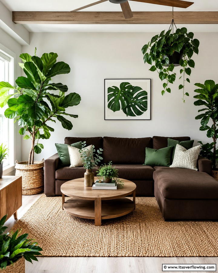 Nature Inspired Decor with Greenery - 30 Warm Dark Brown Couch Styling Ideas for Cozy Living Rooms
