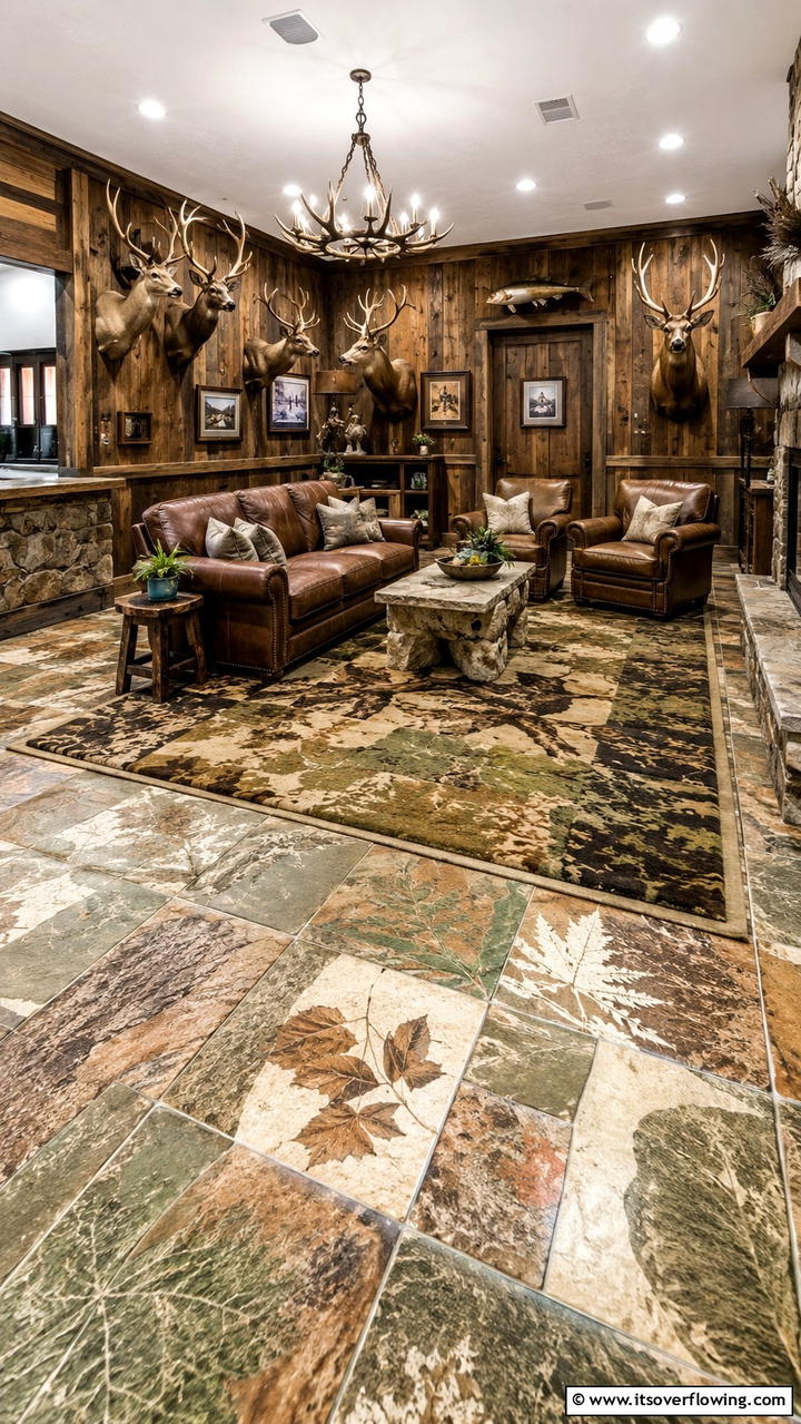 Nature Inspired Floor Patterns - 30 Hunting Trophy Room Ideas for Rustic Decor