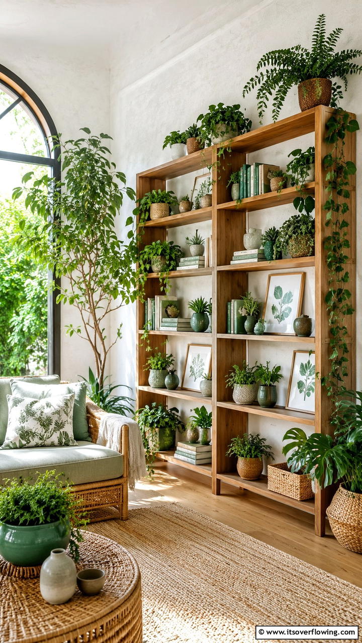 Nature Inspired Greenery - 30 Creative Bookshelf Decor Ideas for Organized Living Spaces