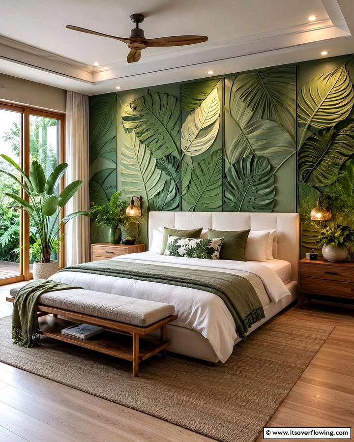 Nature Inspired Leaf Pattern Panels - 30 Green Panelling Ideas for a Serene Bedroom