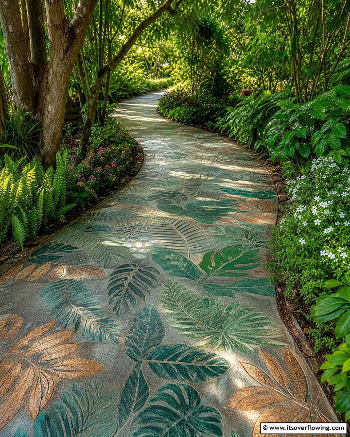 Nature Inspired Leaf Prints for Organic Beauty - 20 Concrete Walkway Painting Ideas for a Unique Path