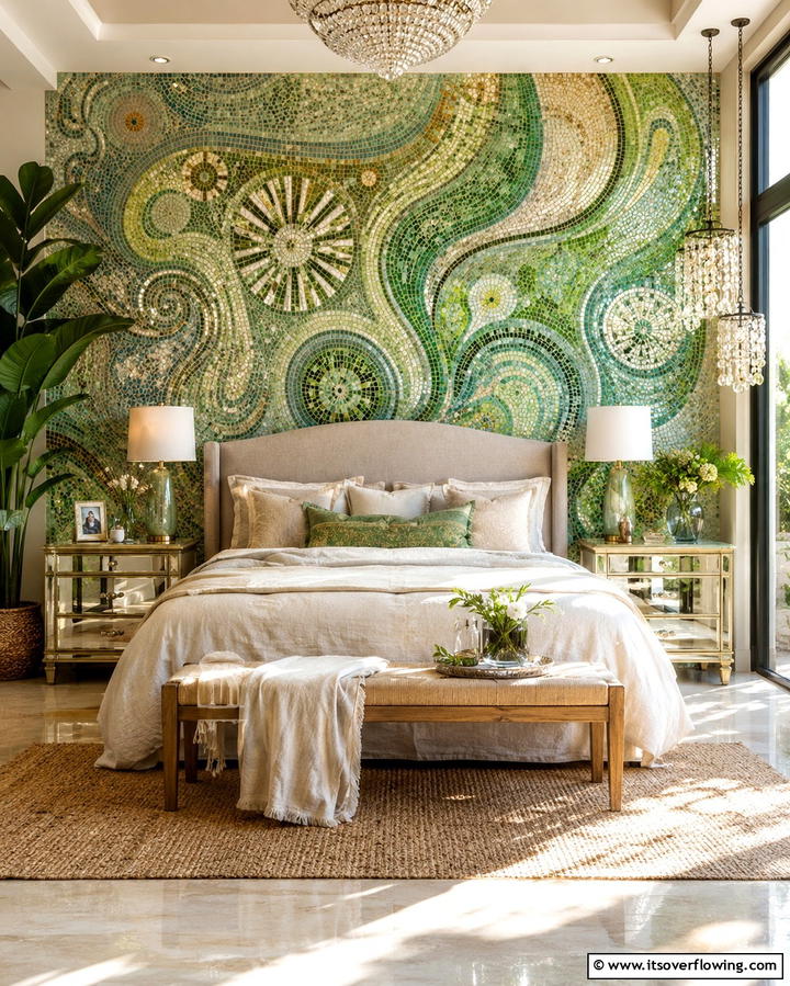Nature Inspired Mosaic Panels - 30 Green Panelling Ideas for a Serene Bedroom