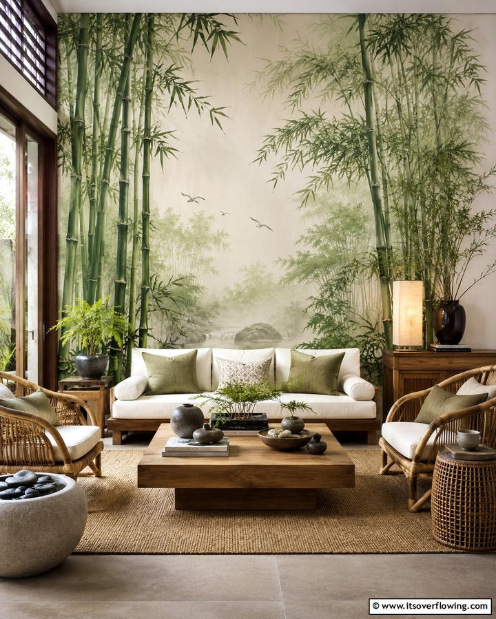Nature Inspired Murals - 25 Asian Living Room Ideas for a Zen Atmosphere