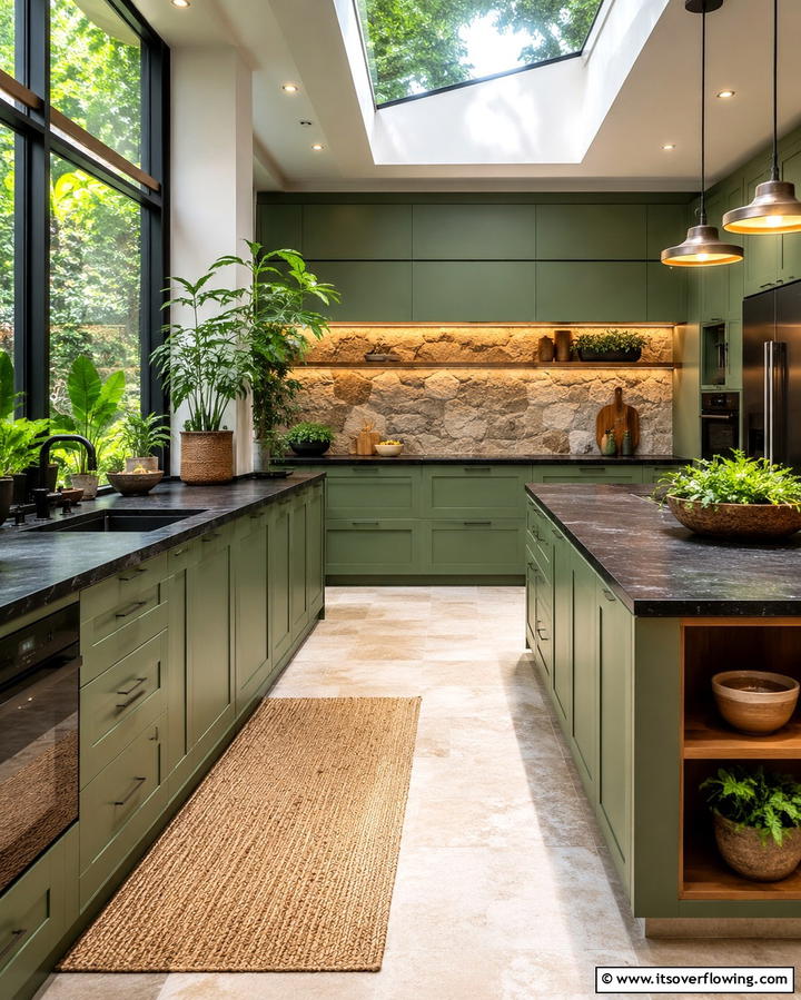 Nature Inspired Oasis - 30 Green Kitchen Cabinets & Black Countertops Pairing Ideas