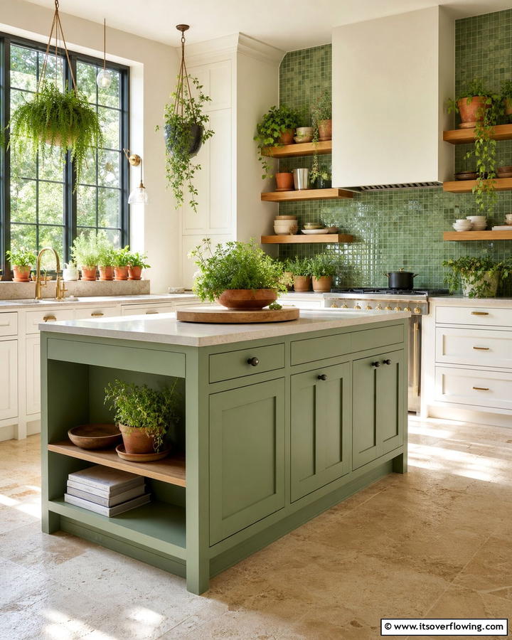 Nature Inspired with Greenery Accents - 20 Sage Green Kitchen Island Ideas for a Fresh Look