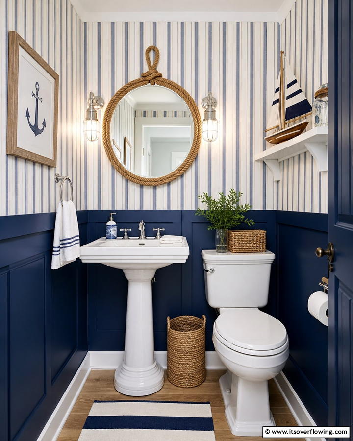 Nautical Blue Accents - 20 Blue Powder Room Ideas- Small Space, Big Style