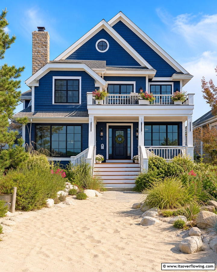 Nautical Blue with Subtle Black Frames - 25 Blue House With Black Trim Ideas for a Striking Exterior