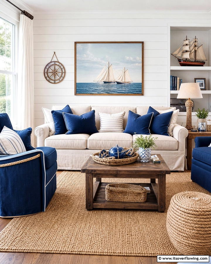 Nautical Inspired Blue and Beige Living Room - 20 Blue and Beige Living Room Ideas- Serene Spaces