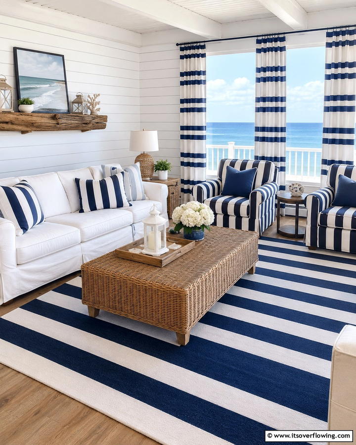 Nautical Striped Patterns - 25 Beach House Living Room Ideas for a Coastal Vibe