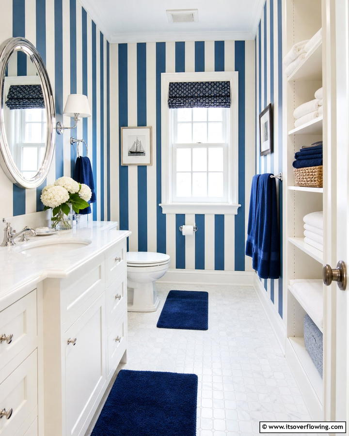 Nautical Striped Walls - 25 Blue and White Bathroom Ideas for a Fresh Look