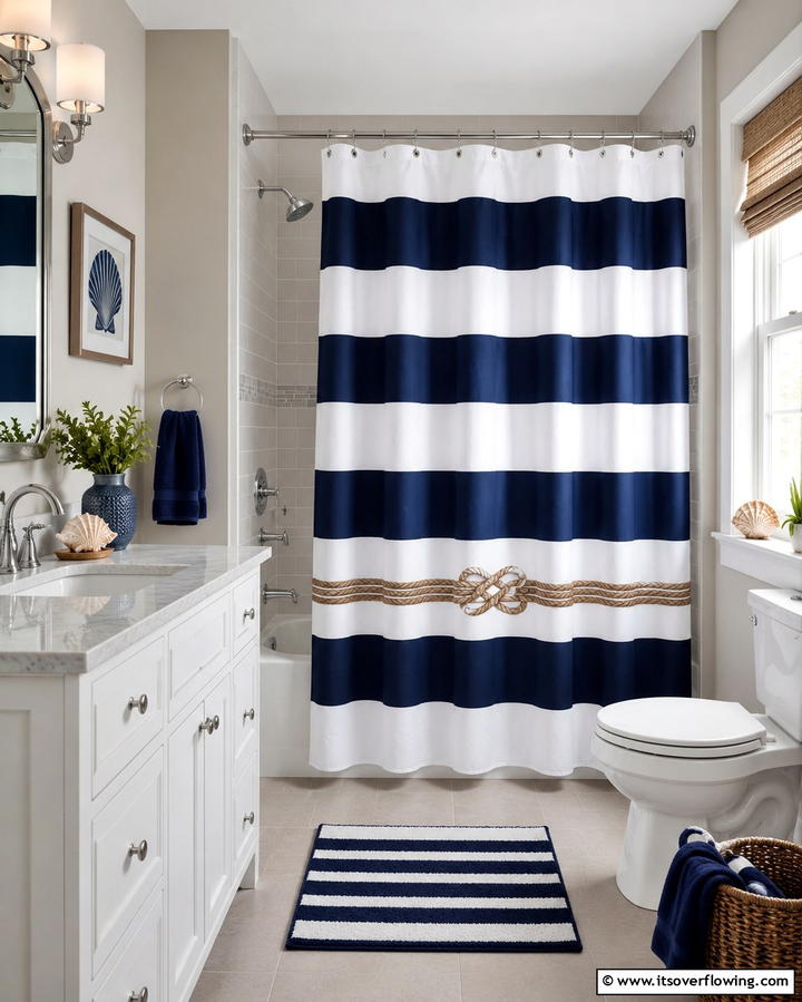 Nautical Stripes for a Coastal Vibe - 25 Shower Curtain Ideas to Refresh Your Bathroom